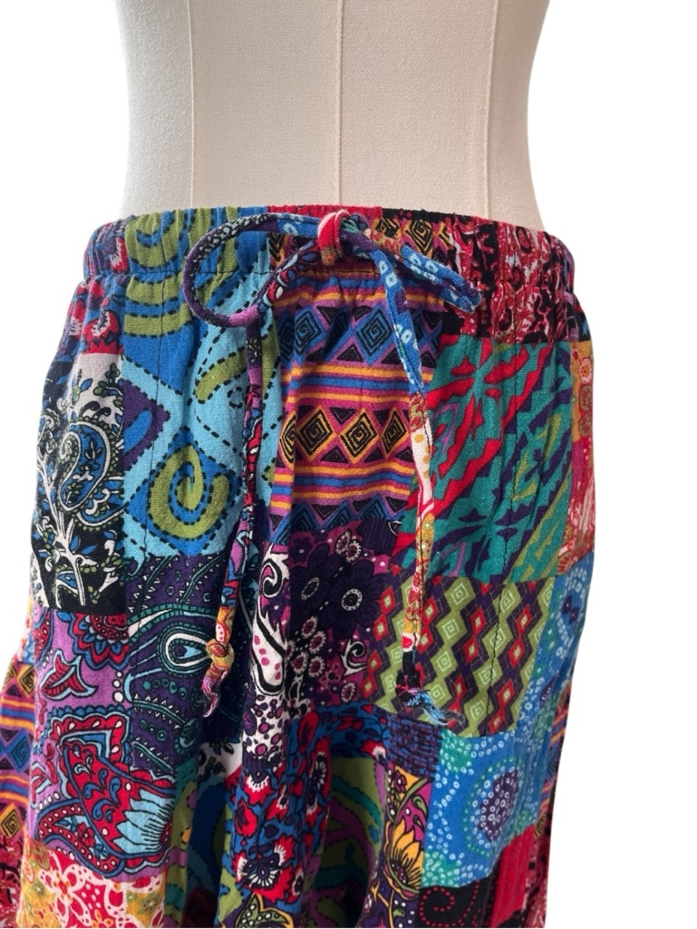 Patchwork multicolor harem style pants with pockets drawstring waist boho S - Picture 7 of 10